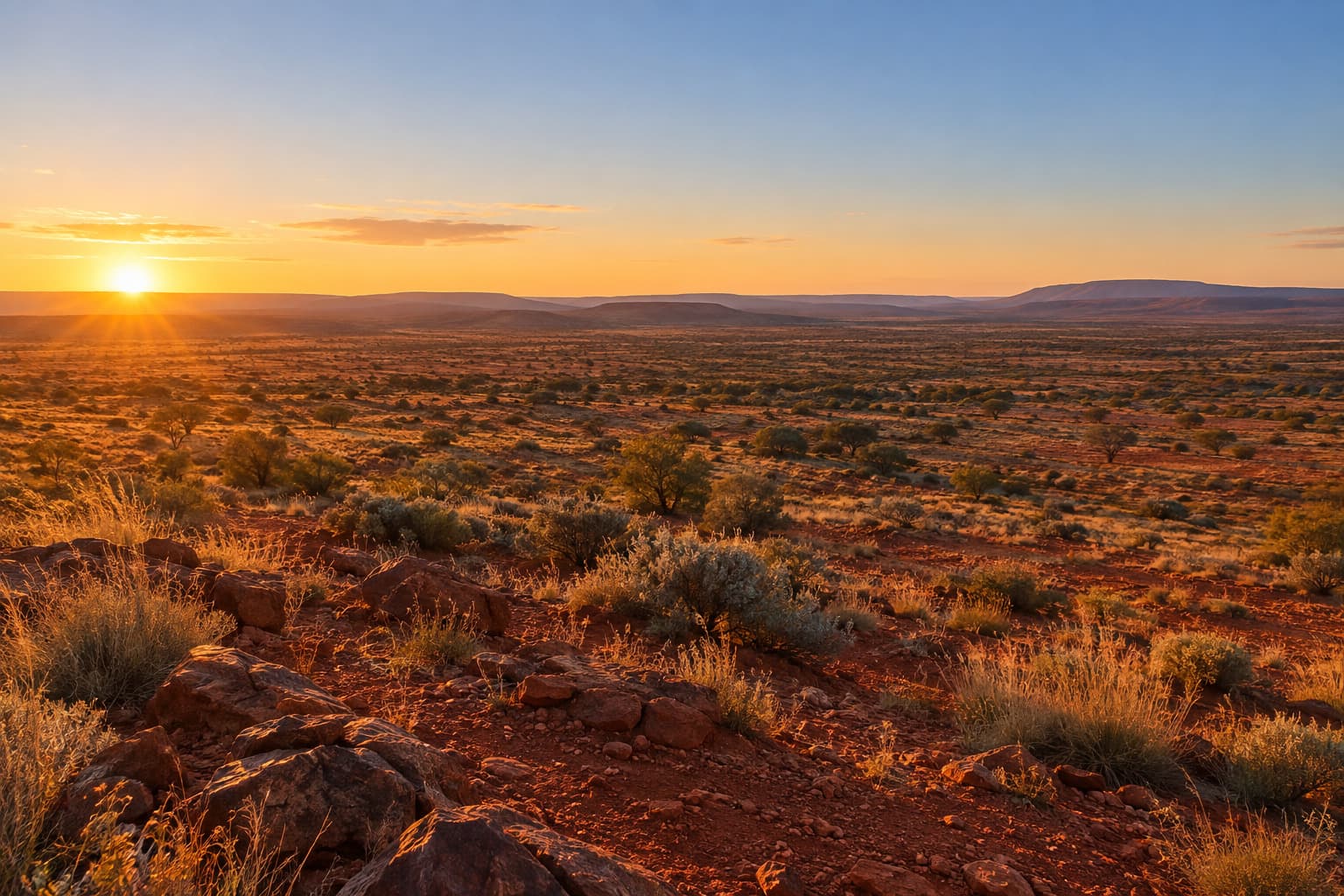 An Australian outback landscape at dawn, red earth and open sky